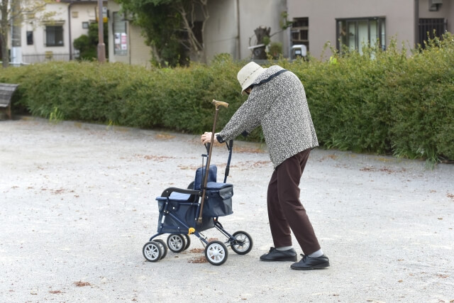 公園を歩く高齢の女性